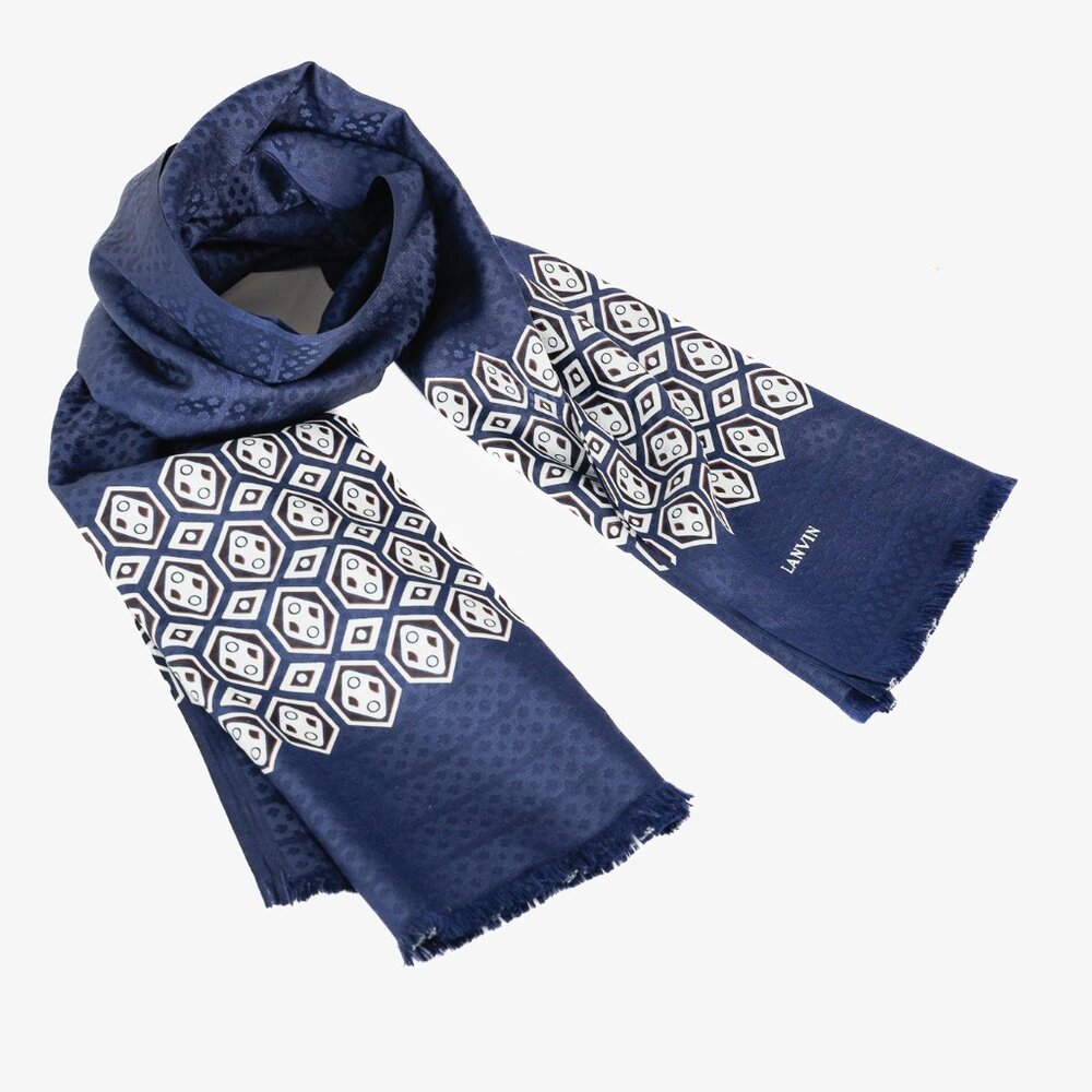 Lanvin Navy Geometric Print Fringe Silk Vintage Scarf